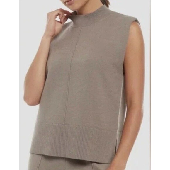 Three Dots Women's Kate Mock Neck Sleeveless Knit Top Sweater Cinder Ash Brown L - Picture 1 of 7